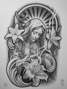 a drawing of the virgin mary with lilies