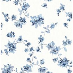 a blue and white floral wallpaper with small flowers on the left side of it