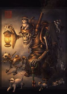 a painting of a skeleton holding a lantern surrounded by cats