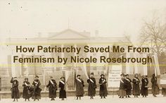 a group of women standing in front of a building with the words how patrick saved me from feminiism by nicole rosebrough