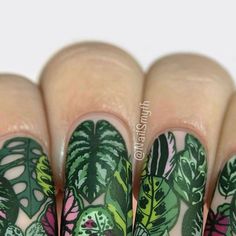 Houseplant Nail Art, Pink Nails With Stamping, Pink Stamped Nails, Butterfly Stamp Nails, Nail Art Simple, Matte Nail Art, Art Tutorial, Pretty Leaf, Tropical Nails