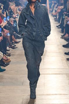 Runway Jumpsuit, Luxury Denim Jumpsuit With Pockets, Denim Jumpsuit Street Style, Denim Fashion Runway, Cotton Denim Button-up Jumpsuit, Dark Denim Outfit, Chic Cotton Button-up Denim Jumpsuit, Blue Denim Jumpsuit With Relaxed Fit And Button-up Design, Isabel Marant Jumpsuit