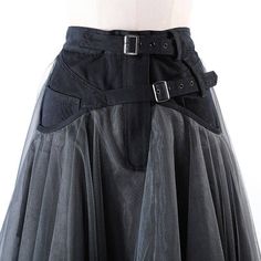 Full of character tulle skirt with attached cotton waist treatment, side pockets, zip front and attached belts. This skirt is going to be the talk of the day! Just tuck in a seamless knit top or a simple white tank add some boots or sneaks and let's get going! Fabric: Nylon, Polyester blend & cotton Care: Hand wash Crow Core, Layered Tulle Skirt, Leather Denim, Edgy Look, Vintage Elegant, Maxi Dress With Sleeves, Skirt Pattern, Style Vintage, Denim Skirt