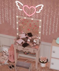 a doll house bedroom with a vanity, mirror and lights on the wall above it