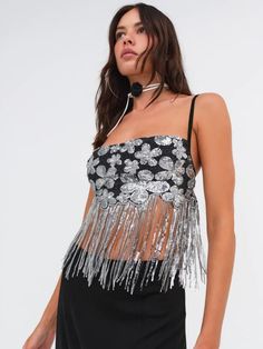 For love and Lemons Collette Crop Top in Silver – Ché by Chelsey Hemant And Nandita, Sequin Crop Top, Chic Skirts, Sequin Party Dress, Sequins Embroidery, Crop Top Outfits, For Love And Lemons, Black Crop Tops, Set Dress