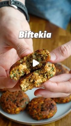 a person is holding some food on a plate with the words bitekeka in front of them