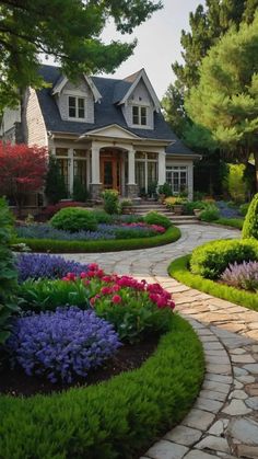 a beautiful house surrounded by lush green trees and flowers