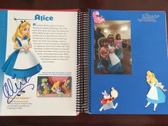 an open children's book with pictures of alice and her friends