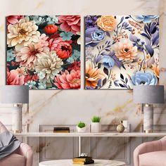 two floral paintings on the wall in a living room