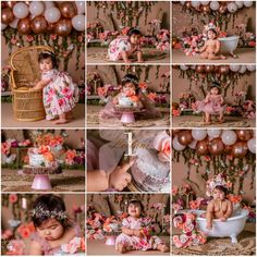 a collage of baby photos with balloons and flowers in the background, including a cake