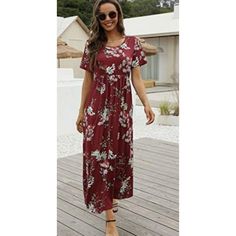 Nwot Short Sleeve Pockets Floral Empire Waist Maroon Size L Hang Casual Floral Print Non-stretch Maxi Dress, Casual Non-stretch Floral Print Maxi Dress, Casual Non-stretch Maxi Dress With Floral Print, Red Non-stretch Casual Dress, Casual Red Non-stretch Dress, Red Maxi Dress For Fall Vacation, Red Non-stretch Maxi Dress For Spring, Red Non-stretch Maxi Dress For Vacation, Non-stretch Red Maxi Dress For Vacation