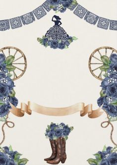 an image of blue flowers and cowboy boots with ribbon around the border on a white background