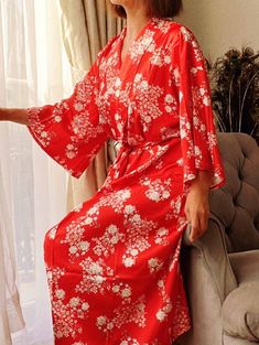 Luxury red floral silk dressing gown, pure silk kimono robe for women, wide sleeve print kimono dress, loose style, mid-calf leght, silky fabric with really good feeling, you will look so elegant charming. Excellent silk fabric improve sleep well. Perfect for bride bridesmaid gift, birthday gift, holiday, enjoin morning coffee time. . Style: dressing gown, long robe, nightdress, night gown, nightwear, PJs, kimono robe, bathrobe, spa robe, boho cardigan top, beach cover up, pajamas, loungewear fo Elegant Spring Kimono For Home, Red V-neck Sleepwear For Spring, Spring V-neck Home Robe, Wedding Robe With Kimono Sleeves For Spring, Spring Sleepwear With Kimono Sleeves, Spring Wedding Robe With Kimono Sleeves, Spring Wedding Sleepwear With Kimono Sleeves, Red Floral Print Sleepwear For Spring, Elegant Red Kimono For Spring