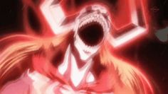 an anime character with his mouth open in front of red and white lights, looking at the camera