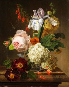 a painting of flowers in a glass vase on a table with other flowers and foliage