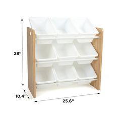 a wooden shelf with white plastic bins on it and measurements for the bottom section