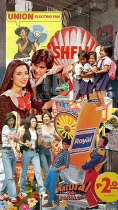 collage of various images with people and signs in the background, including an advertisement for shellfish