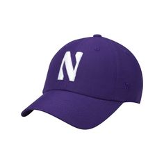 a purple hat with the letter n in white embroidery on the front and side panels