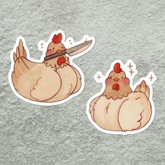 two chicken stickers with one holding a knife and the other laying on its back