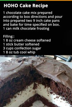 a chocolate cake with white frosting is cut in half and has information about how to make it