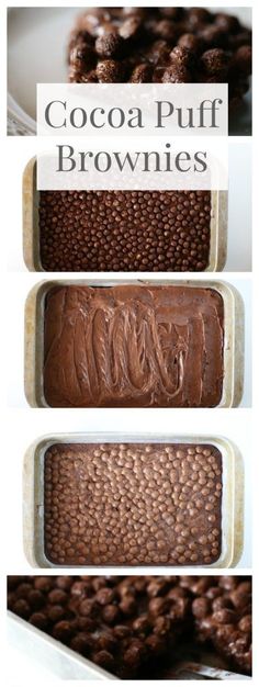 chocolate puff brownies in pans with the words cocoa puff on top and bottom