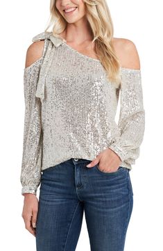 Silver Sequin Top, Sequin Bow, One Shoulder Top, Long Sleeve Sequin, Bow Blouse, One Shoulder Tops, Matching Family Outfits, Sequin Top, Family Outfits