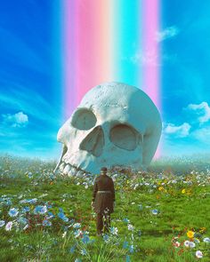 a man standing in a field with a large skull on it's head and rainbow behind him