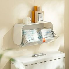 a white toilet sitting next to a wall mounted shelf