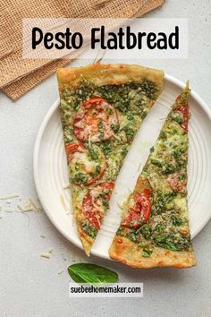 two slices of pesto flatbread pizza on a plate