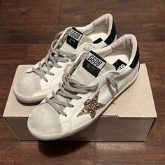 Worn 4 Times Since July Of 2022, Unfortunately They Are Two Small And As Much As I Would Like To Make It Work, They Need A New Home! Box, Bag, Dust Bag And Authentic Passport Included. Golden Goose Silver, Shoes Golden Goose, Goose Shoes, Golden Goose Shoes, Star Sneakers, Super Star, Box Bag, Make It Work, Golden Goose