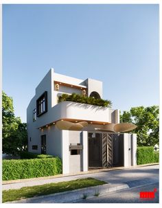 an architectural rendering of a modern house with plants growing on the balcony and balconies