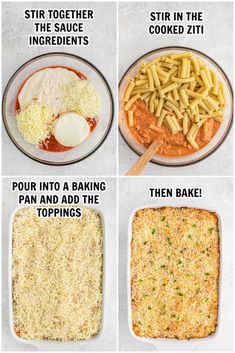 four different types of food being cooked in baking pans and then topped with parmesan cheese