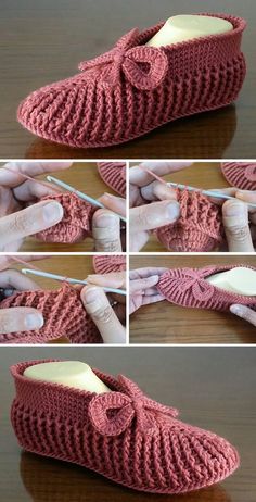 crocheted slippers are being worked on with yarn