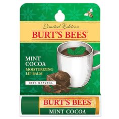 Burt's Bees | Limited-Edition Mint Cocoa Lip Balm Mint Cocoa, Burts Bees Lip Balm, Chapstick Lip Balm, Burts Bees Lip, Holiday Lip, Lip Balm Collection, Flavored Lip Gloss, Soften Lips, Sugar Lip Scrub