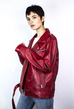 Premium Spanish Red Leather Biker Jacket Outfit Essentials, Sheepskin Jacket, Leather Rucksack, Leather Saddle Bags, Custom Jacket, Leather Biker Jacket, Biker Style, Clothing Essentials, Life Time