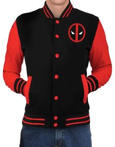 Deadpool Varsity Jacket University Red Varsity Jacket For Fall, University Red Varsity Jacket For Fall With Long Sleeves, University Red Long Sleeve Varsity Jacket For Fall, Red Hooded Cotton Varsity Jacket, Hooded Red Cotton Varsity Jacket, Red Fleece Long Sleeve Outerwear, Casual University Red Varsity Jacket With Long Sleeves, University Red Long Sleeve Varsity Jacket For Winter, Casual University Red Varsity Jacket