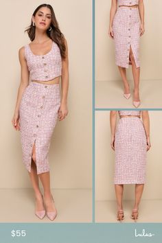 Get ready to set trends wherever you go in the Lulus Charming Icon Pink Tweed Lurex Button-Front Midi Skirt! Woven tweed fabric boasts sparkling, multicolored Lurex as it shapes a high waist and a pencil-style skirt. Button placket boasts half-and-half design, with decorative buttons at the top and a flirty unbuttoned effect at the hem. Hidden zipper/clasp at back. Pair with the matching top for a complete look! Fit: This garment fits true to size. Length: Mid-calf length. Size medium measures 2 Fitted Tweed Skirt With Buttons, Tweed Skirt With Button Closure For Workwear, Chic Tweed Skirt With Button Closure, Tweed Midi Skirt, Pink Tweed, Skirt With Buttons, Lulu Fashion, Skirt Medium, Half And Half