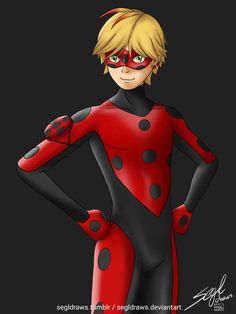 a ladybug is standing with her hands on her hips while wearing a red and black costume