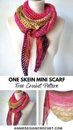 the crochet scarf is made with one skein mini scarf and two different colors