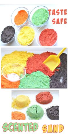 an image of different colored sand in bowls