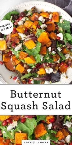 butternut squash salad with feta cheese and pomegranate on the side