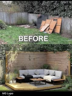 before and after pictures of an outdoor living area with wooden pallets on the ground