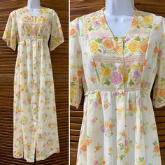 True vintage/ mid century Carole women's house dress or loungewear. This is a beautiful old piece, lightweight and perfect for comfort. Features a cotton/poly print in yellow, green, peach and green. Floral pattern. Short flutter sleeves with a cross stitch look. Buttons down front, tie around bust. Hits at mid calf. Older piece that is very clean and still has a lot of life, no stains or odors.  Measures 50" in length x 22" in hips x 19" across chest  *This is a much older piece so please realize vintage has been previously worn and washed, it will show some signs of age* Green Floral Pattern, Peach And Green, Pajama Robe, Womens Robes, House Dress, Flutter Sleeves, True Vintage, Flutter Sleeve, Mid Calf