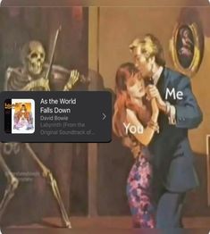 an image of a man and woman dancing in front of skeleton paintings with the caption as the world falls down