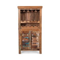 an old wooden cabinet with wine bottles in it