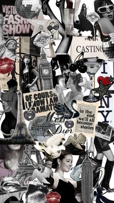 the collage is made up of many different things in black, white and red