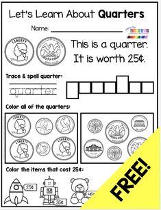 a printable worksheet with the words let's learn about quarters on it