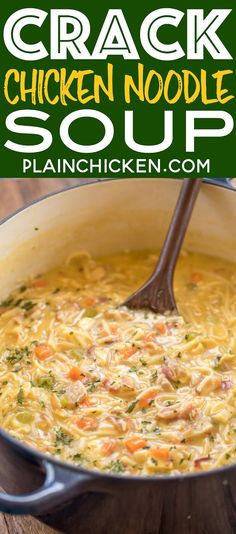 Crack Chicken Noodle Soup - this soup should come with a warning label! SO GOOD!!! Ready in 30 minutes! Chicken, cheese soup, milk, chicken broth, celery, carrots, ranch mix, bacon, cheddar cheese and egg noodles. Everyone went back for seconds - even our super picky eaters! A great kid-friendly dinner!! We love this soup! #soup #bacon #chickennoodlesoup #crackchicken Chicken Cheese Soup, Soup Bacon, Milk Chicken, Chicken Noodle Soup Crock Pot, Ranch Mix, Soup Crocks, Noodle Soup Recipes, Soup Recipes Chicken Noodle, Soup And Stew