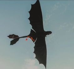 a black dragon kite flying in the sky