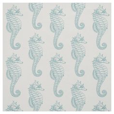 a blue and white wallpaper with seahorses on the side, all in different sizes